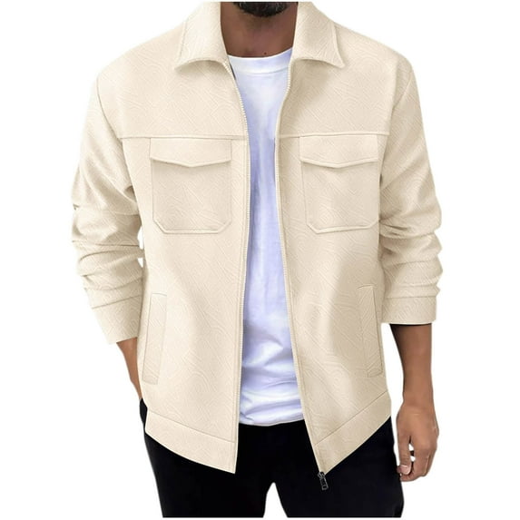 USNSM Men's Shirt Jacket Casual Jacquard Solid Tops Turndown Collar Zipper Cardigan Long Sleeve Coat with Pockets Khaki 2XL