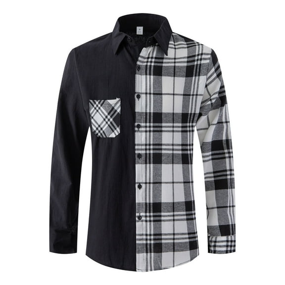 USNSM Men's Shirt Urban Stylish Patchwork Plaid Slim Fit Tops Lapel Button up Long Sleeve Shirt with Chest Pocket White L