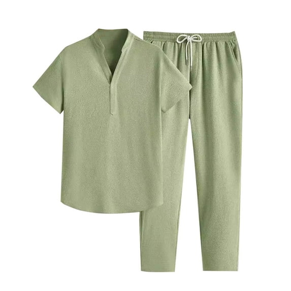 USNSM Men's Short Sleeve Outfits Solid Color Henley Shirt and Pants Set Casual 2 Pieces Summer Tracksuits with Pockets Green XXXL