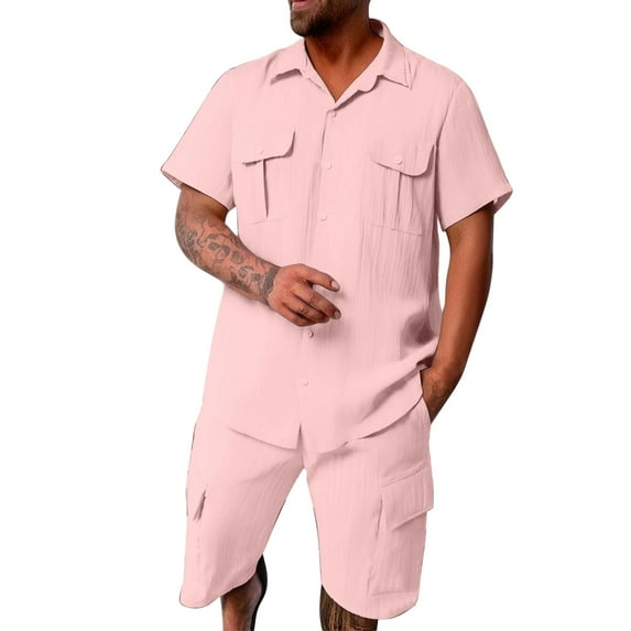 USNSM Men's Short Sleeve Shorts Two Piece Solid Color Sports Casual Loose Comfort Breathable Short Sleeve Lapel Suit Pink L