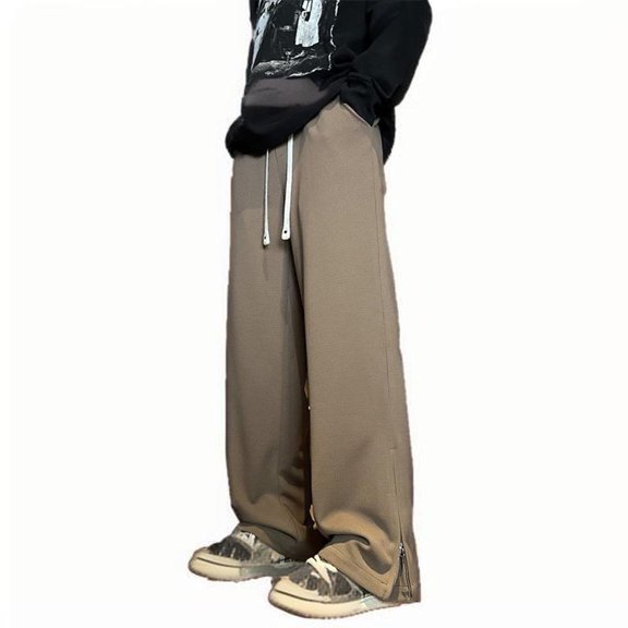 USNSM Men's Slacks Casual Plus Size Side-Split-Zipper-Hem Wide Leg Pants Drawstring Elastic Waist Straight Leg Trousers with Pockets Coffee 4XL