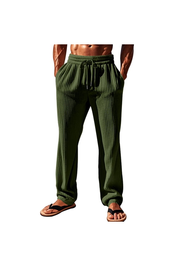 Men's Slacks Casual Ribbed Loose Full Length Trousers Drawstring Elastic Waist Straight Leg Pants with Pockets Army Green M