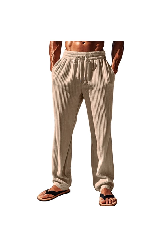 Men's Slacks Casual Ribbed Loose Full Length Trousers Drawstring Elastic Waist Straight Leg Pants with Pockets Khaki 3XL