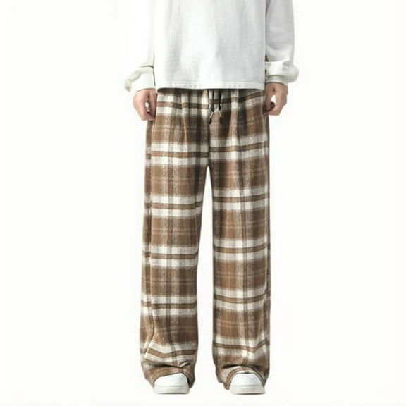 USNSM Men's Slacks Winter Casual Plus Size Woolen Plaid Wide Leg Pants Drawstring Elastic Waist Straight Leg Trousers with Pockets Brown 5XL