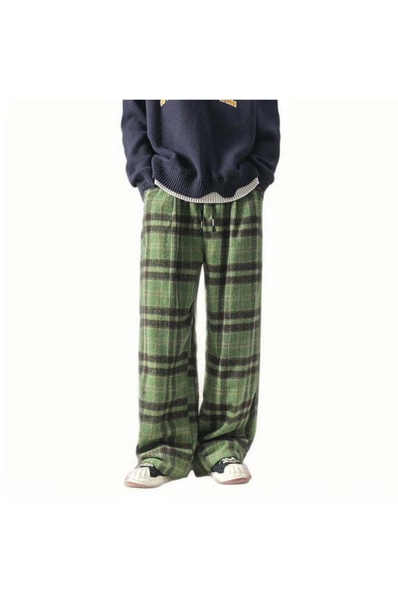 Men's Slacks Winter Casual Plus Size Woolen Plaid Wide Leg Pants Drawstring Elastic Waist Straight Leg Trousers with Pockets Green L
