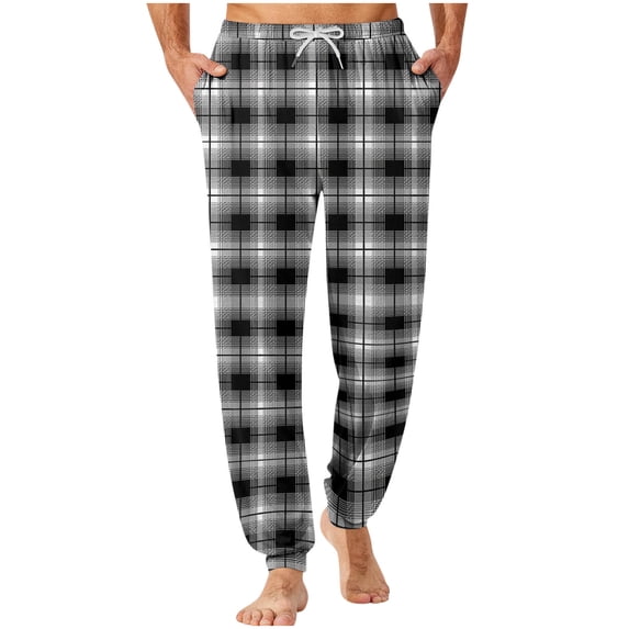 USNSM Men's Soft Pajama Bottoms Pants Checkered Printed Elastic Waistband Drawstring Pocket Bundle Leg Foot Home Sleeping Pants Black XXXXL