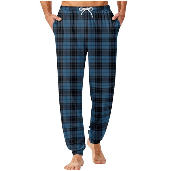 USNSM Men's Soft Pajama Bottoms Pants Checkered Printed Elastic Waistband Drawstring Pocket Bundle Leg Foot Home Sleeping Pants Blue XXL