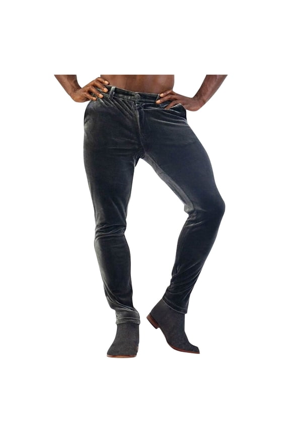 Men's Soft Velvet Pants Vintage Casual Prom Tight Trousers Button Zipper Straight Leg Pants with Pockets Gray M