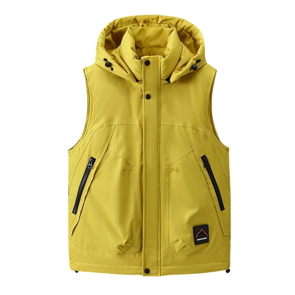 USNSM Men's Softshell Vest Windproof Lightweight Hooded Vest Outerwear with Zipper Pockets, Sleeveless Jacket for Sports Yellow L
