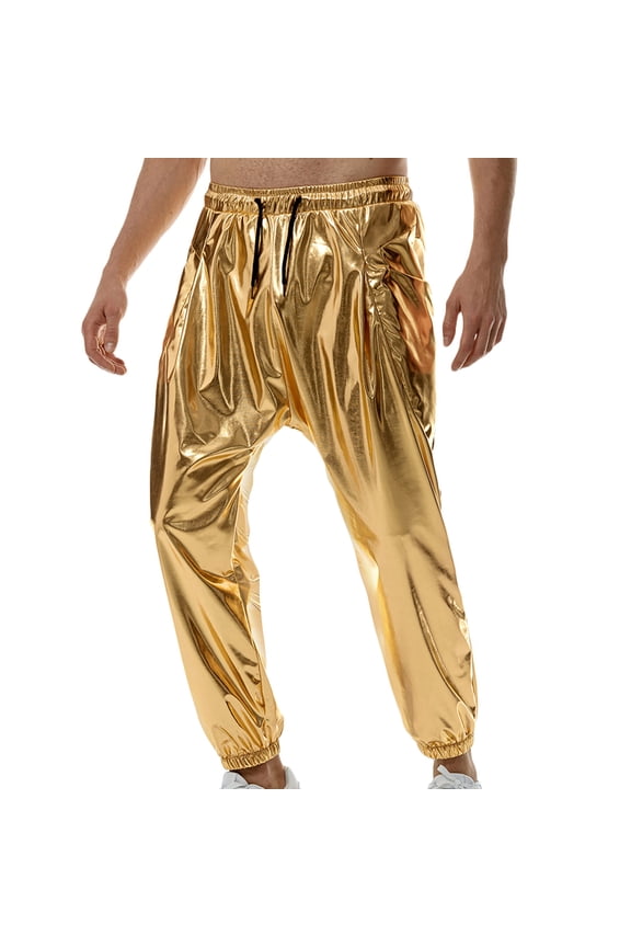 Men's Solid Casual Fashion Metallic Disco Pants 70s/80s Sequin Pants Drawstring Waist Party Club Pants Rave Shiny Jogger Gold XL