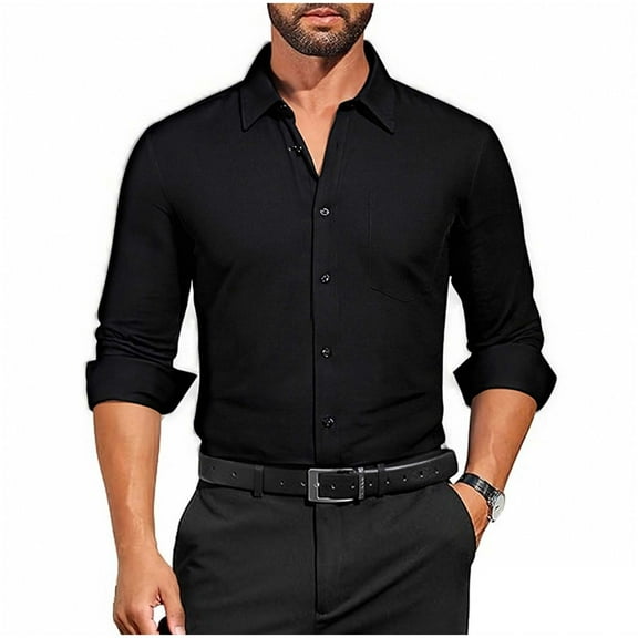 USNSM Men's Solid Color Button-Down Stretch Wrinkle-Resistant Long Sleeve Non-Iron Shirt Top Business Casual Collared Shirts Black L