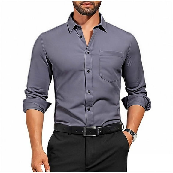 USNSM Men's Solid Color Button-Down Stretch Wrinkle-Resistant Long Sleeve Non-Iron Shirt Top Business Casual Collared Shirts Gray L