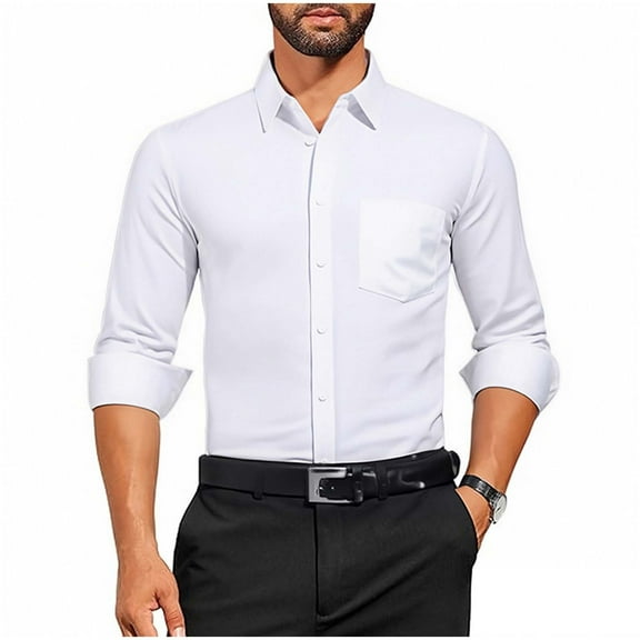 USNSM Men's Solid Color Button-Down Stretch Wrinkle-Resistant Long Sleeve Non-Iron Shirt Top Business Casual Collared Shirts White L