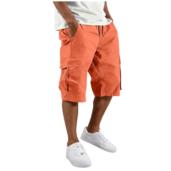 USNSM Men's Solid Color Cargo Shorts Casual Drawstring Workwear Shorts Elastic Waist Work Shorts with Multi Pockets Orange XL
