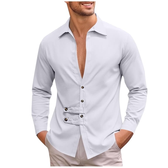 USNSM Men's Solid Color Casual Loose Fashion Long Sleeve Button Down Shirt Vintage Deep V-Neck Beach Shirts White XL