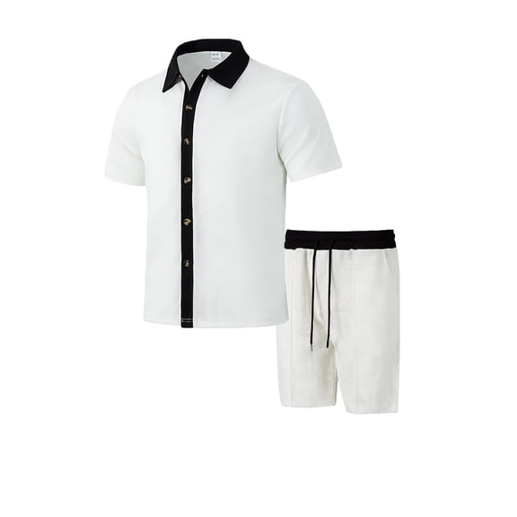 USNSM Men's Solid Color Casual Versatile Lapel Button Down Color Block Shirt Short Sleeve Shorts Set V-Neck Top Shirt Set White S
