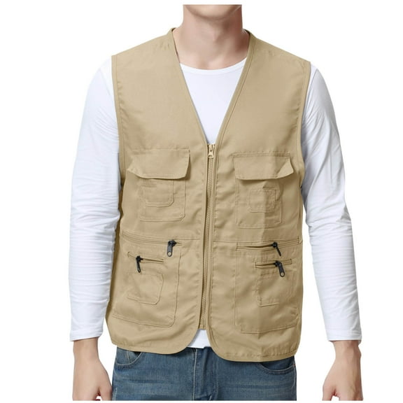 USNSM Men's Solid Color Convenient Workwear Vest Outdoor Travel Photo Sports Zipper Multi-Pocket V-Neck Tank Vest Yellow XL