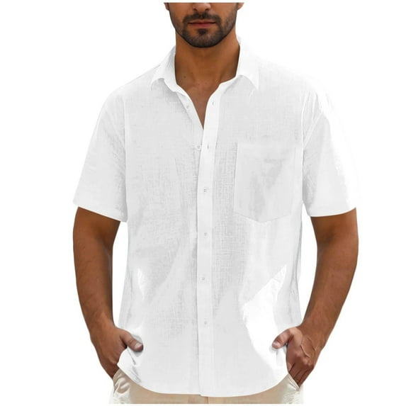 USNSM Men's Solid Color Cotton Linen Shirts Short Sleeve Lapel Button Closure Shirt Soft Breathable Comfortable Summer Top White XL