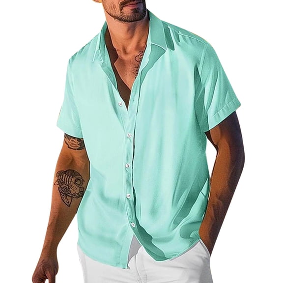 USNSM Men's Solid Color Dress Shirts Short Sleeve Stretch Casual Button Down Shirts Slim Fit Dress Shirt for Men Green S