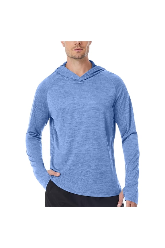 Men's Solid Color Hooded UPF 50+ Sun Protection T Shirts Lightweight Breathable Long Sleeve Athletic Shirts Rash Guards Blue XL