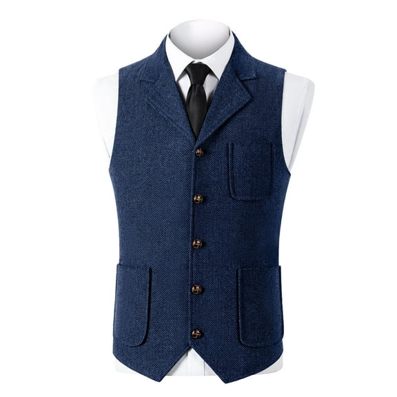 USNSM Men's Solid Color Lapel Single Breasted Multi-Pocket Suit Vest Regular Fit Dress Waistcoat Herringbone for Jacket Blue S