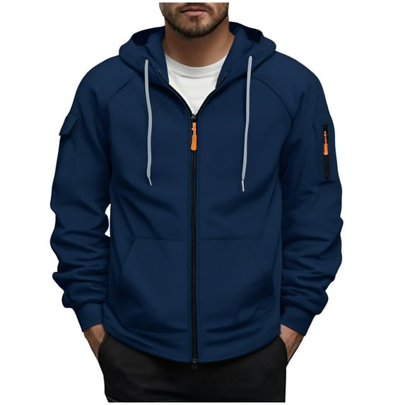USNSM Men's Solid Color Long Sleeve Drawstring Hooded Full Zipper Sweatshirt with Pocket Fall Winter Outdoor Casual Jacket Top Blue L