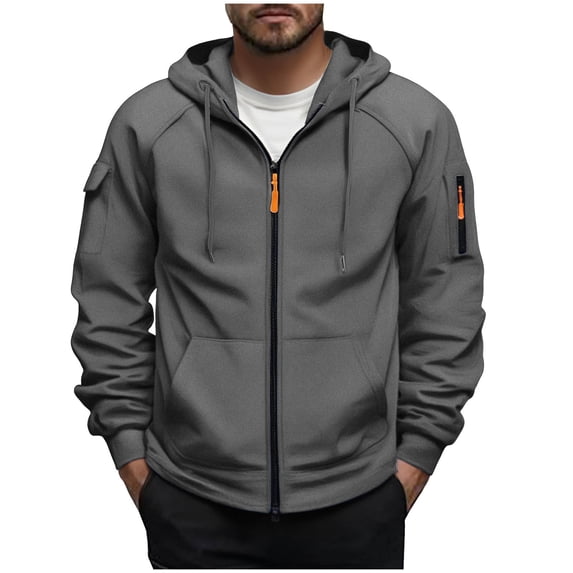 USNSM Men's Solid Color Long Sleeve Drawstring Hooded Full Zipper Sweatshirt with Pocket Fall Winter Outdoor Casual Jacket Top Gray XXL