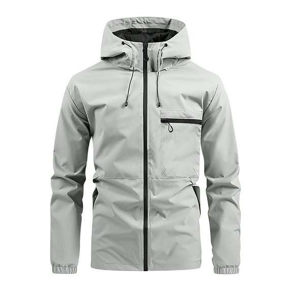 USNSM Men's Solid Color Long Sleeved Hooded Workwear Waterproof Jacke Lightweight Outdoor Zipped Pockets Rain Jacket Gray XXL