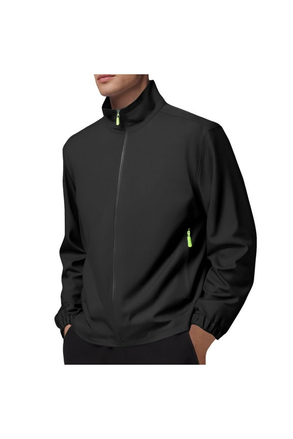 Men's Solid Color Sports Shell Jacket Lightweight Windbreaker Outdoor Recreation Pocket Zipper Long Sleeved Coat Black L