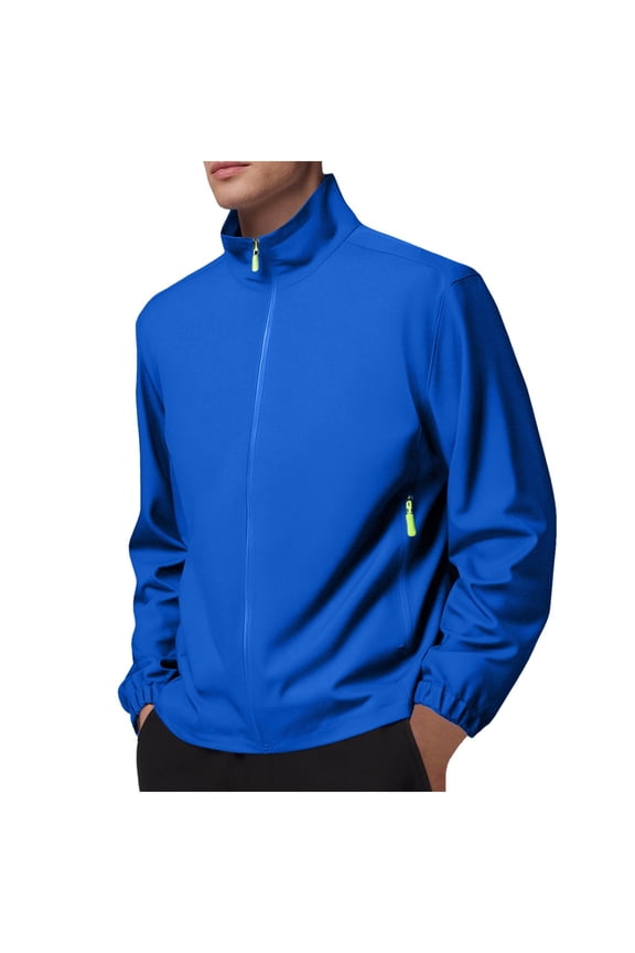 Men's Solid Color Sports Shell Jacket Lightweight Windbreaker Outdoor Recreation Pocket Zipper Long Sleeved Coat Blue XXXL