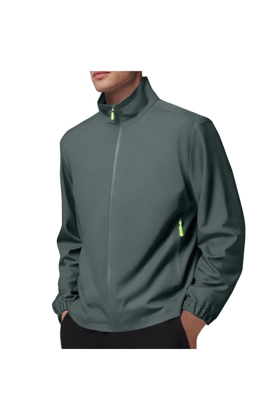 Men's Solid Color Sports Shell Jacket Lightweight Windbreaker Outdoor Recreation Pocket Zipper Long Sleeved Coat Gray XL