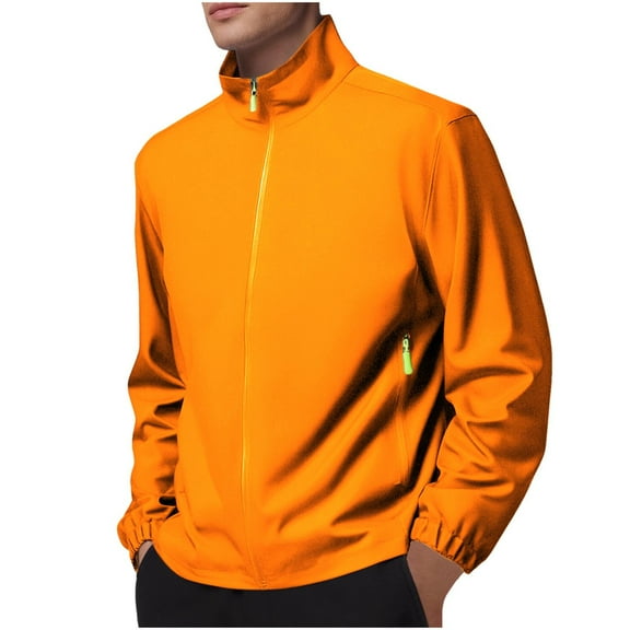USNSM Men's Solid Color Sports Shell Jacket Lightweight Windbreaker Outdoor Recreation Pocket Zipper Long Sleeved Coat Orange M