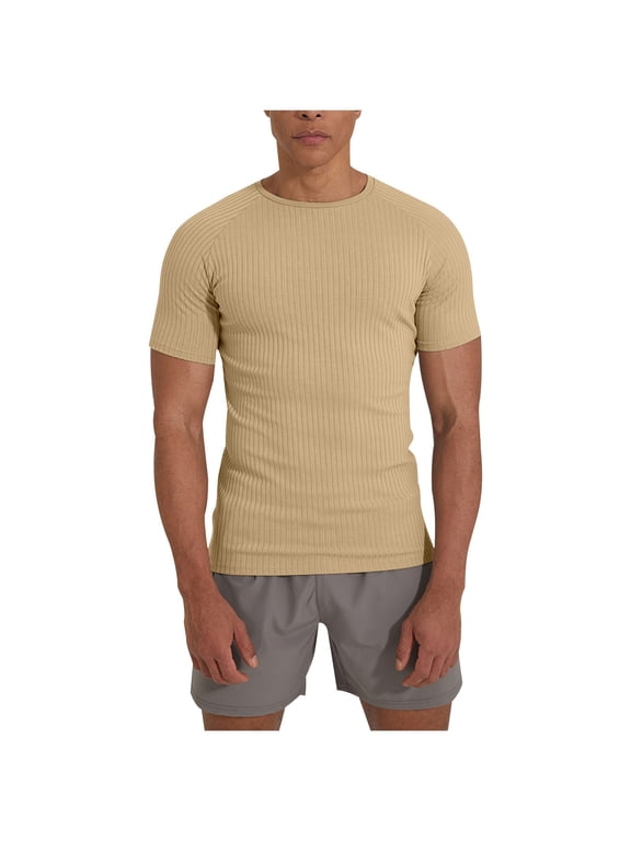 Men's Solid Color Threaded Inserts High Stretch Sports Pullover Crew Neck Fitness Muscle Short Sleeve Tops Shirt Yellow M