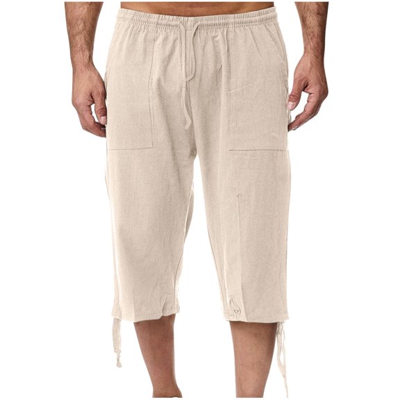 USNSM Men's Solid Long Linen Shorts Linen Capri Pants Casual Summer Drawstring Beach Shorts Below Knee Length Gym Yoga Pants Khaki M