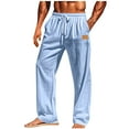 thumbnail image 1 of USNSM Men's Straight Leg Pants Casual Beach Cotton Linen Loose Full Length Trousers Drawstring Elastic Waist Jogger with Pockets Light Blue L, 1 of 8