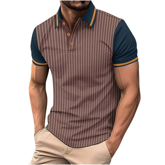 USNSM Men's Striped Button Down Shirts Solid Color Fashion Summer Collared Neck Short Sleeve Outdoor Casual Work Shirt Brown L