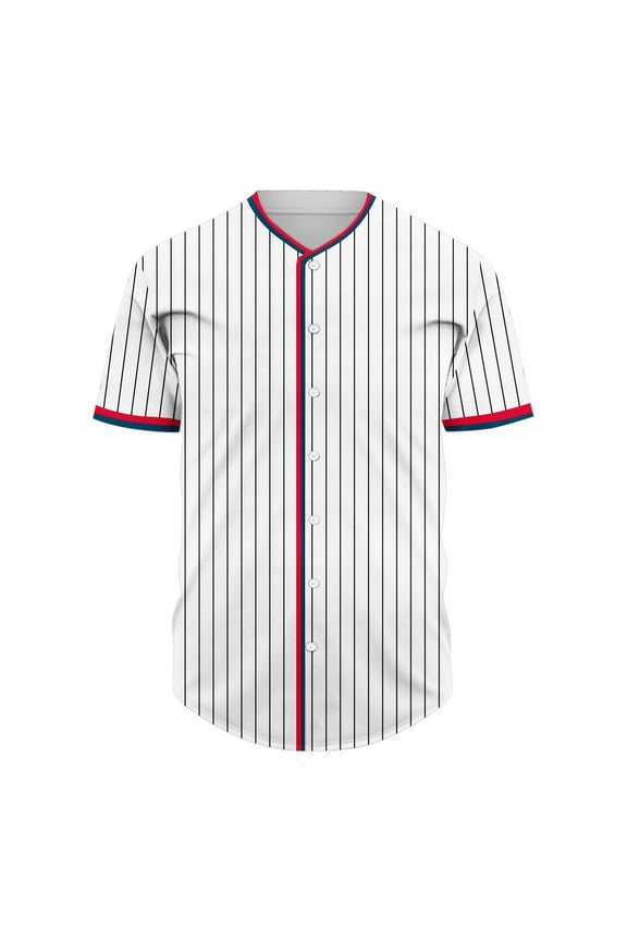 Men's Striped Printed Short Sleeve Buttoned Cardigan Baseball Jersey Tops Stand Up Collar Tops Shirt Red XXXL