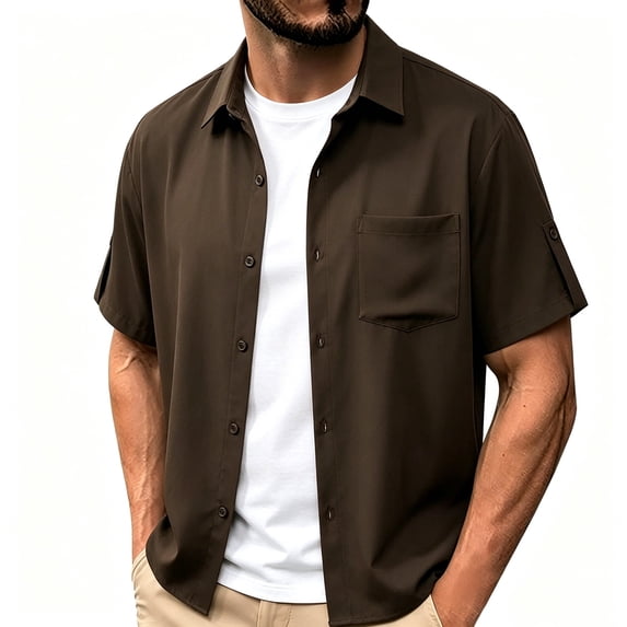 USNSM Men's Summer Button Down Shirts, Versatile Adjustable Short Sleeve Loose Lapel Cardigans Beach Casual Shirts Brown XXXL