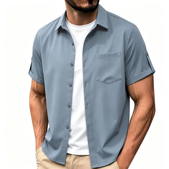 USNSM Men's Summer Button Down Shirts, Versatile Adjustable Short Sleeve Loose Lapel Cardigans Beach Casual Shirts Gray M