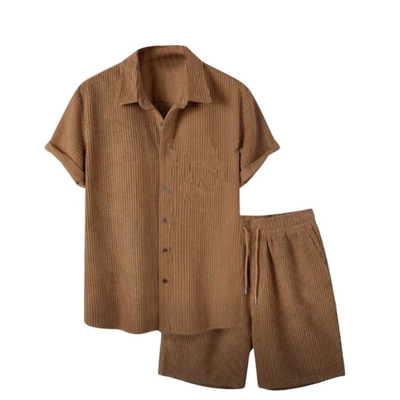 USNSM Men's Summer Cotton Linen Button Shirt Short Sleeve Top Elastic Waist Shorts Loose Soft Comfort Breathable Suit Brown L