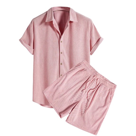 USNSM Men's Summer Cotton Linen Button Shirt Short Sleeve Top Elastic Waist Shorts Loose Soft Comfort Breathable Suit Pink XXL