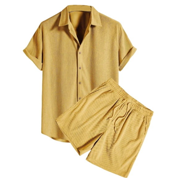 USNSM Men's Summer Cotton Linen Button Shirt Short Sleeve Top Elastic Waist Shorts Loose Soft Comfort Breathable Suit Yellow M