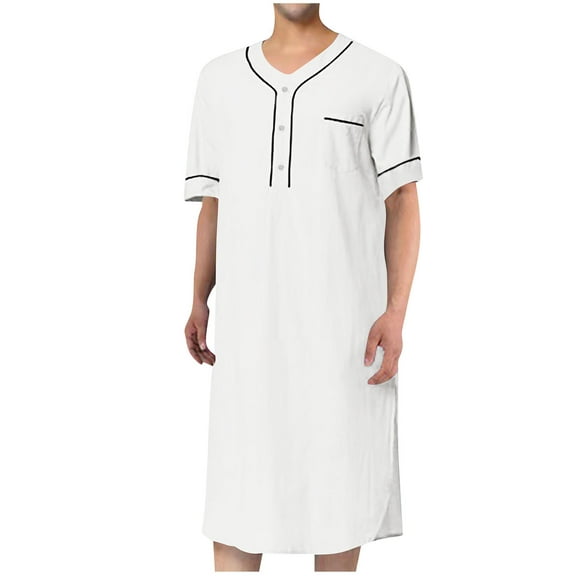 USNSM Men's Summer Fashion V-Neck Robe Blouses Solid Color Short Sleeve Pocket Loose Comfort Breathable Robe Top Shirt Set White XL