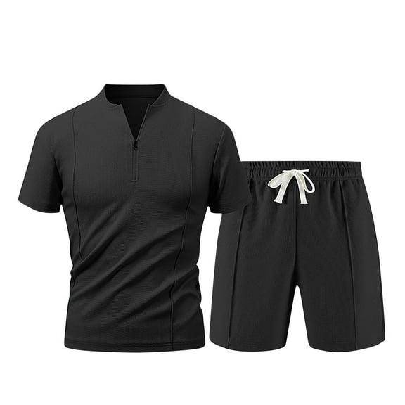 USNSM Men's Summer Solid Color Breathable Athletic Casual Shorts Zipper Pocket Drawstring Short Sleeve Crew Neck Top Set Black M