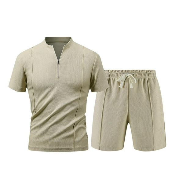 USNSM Men's Summer Solid Color Breathable Athletic Casual Shorts Zipper Pocket Drawstring Short Sleeve Crew Neck Top Set Yellow XL