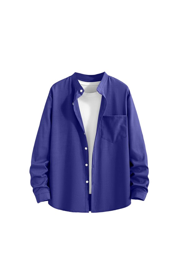 Men's Sunscreen Linen Shirts Lapel Single Breasted Long Sleeve Pocket Button Work Shirt Breathable Comfort Blue XXL