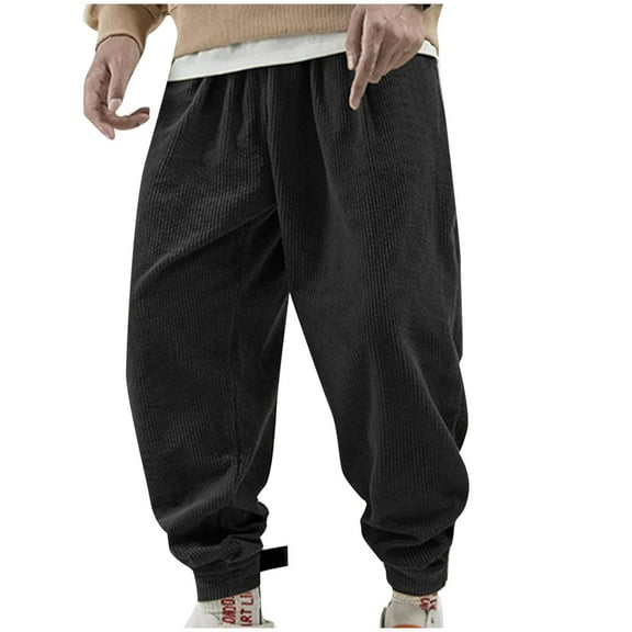 USNSM Men's Sweatpants Casual Workout Corduroy Loose Stretchy Trousers Elastic Waist Straight Leg Pants Black L