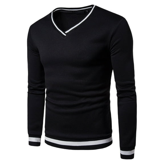 USNSM Men's T-Shirt Casual Fashion Cotton Plain Color Slim Fit Base Shirt V-Neck Long Sleeve Pullover Tees Black 2XL