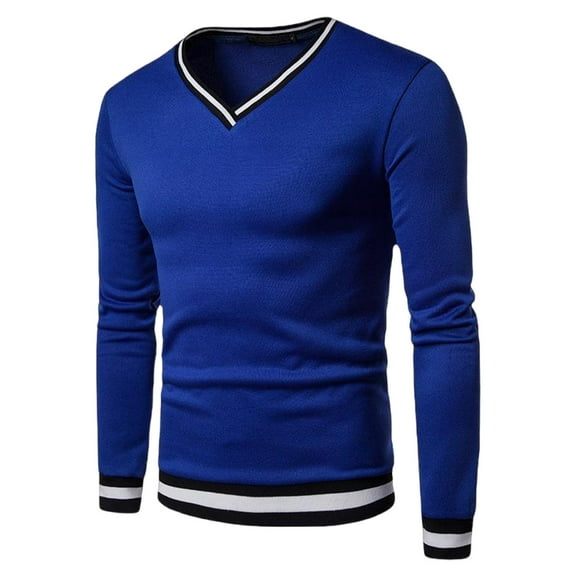 USNSM Men's T-Shirt Casual Fashion Cotton Plain Color Slim Fit Base Shirt V-Neck Long Sleeve Pullover Tees Blue M