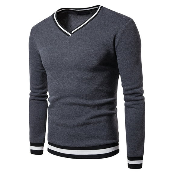 USNSM Men's T-Shirt Casual Fashion Cotton Plain Color Slim Fit Base Shirt V-Neck Long Sleeve Pullover Tees Dark Gray M